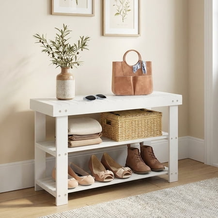 LEDREM 3-Tier Bamboo Shoe Rack Bench, Entryway Storage Organizer with 286lb Capacity, Multi-Use Shelf, Seat, Quick Assembly, Cloud White