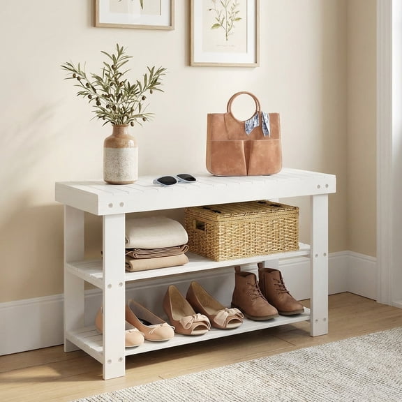 LEDREM 3-Tier Bamboo Shoe Rack Bench, Entryway Storage Organizer with 286lb Capacity, Multi-Use Shelf, Seat, Quick Assembly, Cloud White