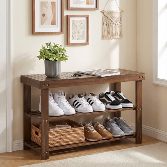 LEDREM 3-Tier Bamboo Shoe Rack Bench with Storage Shelf , 286lb Capacity Entryway Organizer for Hallway , Bedroom , Bathroom ,Yellow Brown