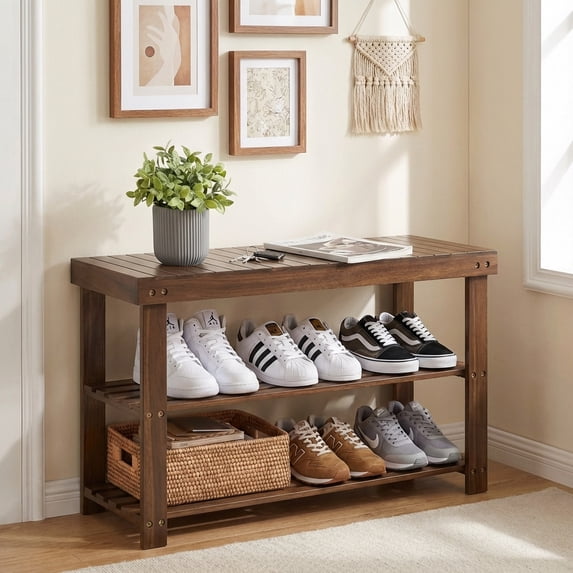 LEDREM 3-Tier Bamboo Shoe Rack Bench with Storage Shelf , 286lb Capacity Entryway Organizer for Hallway , Bedroom , Bathroom ,Yellow Brown