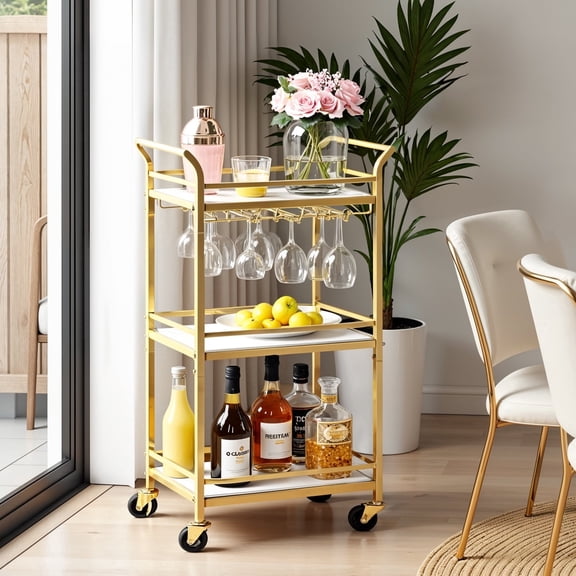 LEDREM 3-Tier Bar Cart with Wine Rack, Kitchen Serving Cart with Glass Holders for Small Spaces, Dining Room and Living Room, Pale Gold