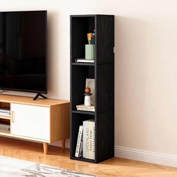LEDREM 3-Tier Bookshelf with Open Compartment Design, Slim Vertical Bookcase for Corner Storage, Stable H-Frame Structure, Easy Assembly, for Living Room or Home Office, Ebony Black