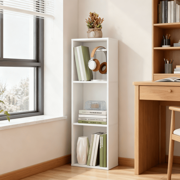LEDREM 3-Tier Bookshelf with Adjustable Open Shelves, Tall Bookcase Space-Saving for Living Room Home Office, Cloud White