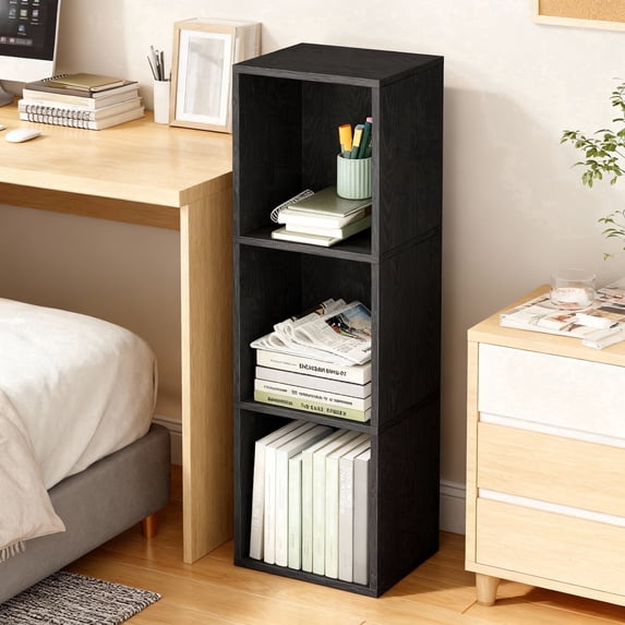 LEDREM 3-Tier Bookshelf with Adjustable Open Shelves, Tall Bookcase Space-Saving for Living Room Home Office, Ebony Black