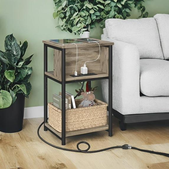 LEDREM 3-Tier Charging Side Table - End Table with 2 Outlets & 2 USB Ports, Space-Saving Nightstand in Camel Brown and Black