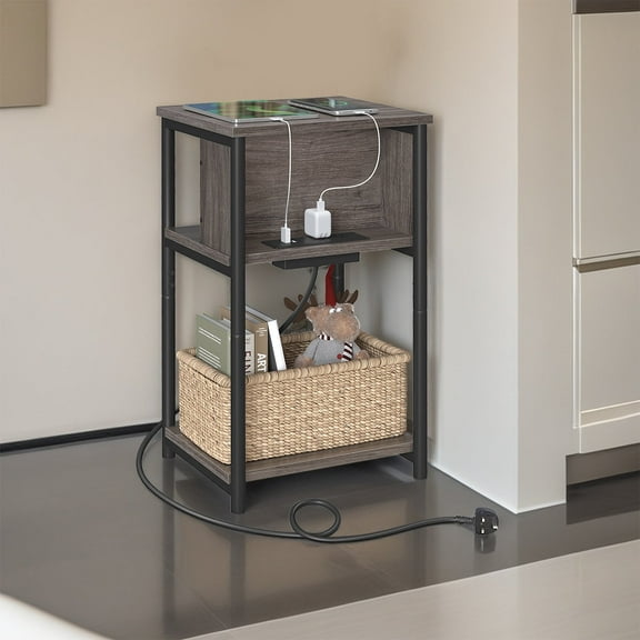 LEDREM 3-Tier Charging Side Table - End Table with 2 Outlets & 2 USB Ports, Space-Saving Nightstand in Chestnut Brown and Black