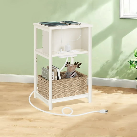 LEDREM 3-Tier Charging Side Table - End Table with 2 Outlets & 2 USB Ports, Space-Saving Nightstand in Cream White
