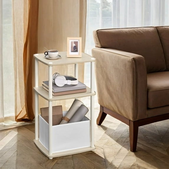 LEDREM 3-Tier End Table with Fabric Basket Storage, Nightstand for Bedroom & Living Room, Space-Saving Tool-Free Assembly, Natural Beige