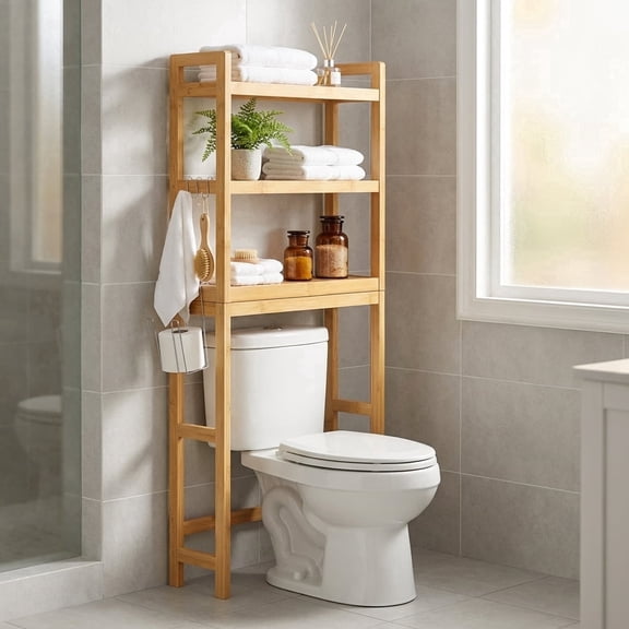 LEDREM over the Toilet Storage Shelf, 3-Tier Bathroom Organizer Adjustable Saver Space Rack with Toilet Paper Holder, Natural Beige