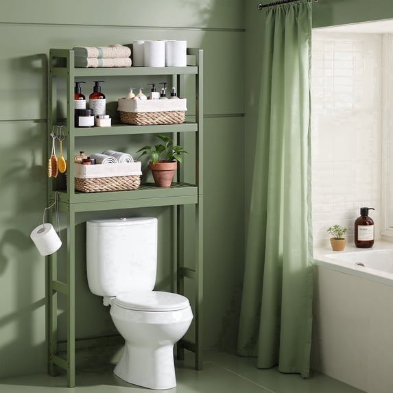 LEDREM Over The Toilet Storage Shelf, 3-Tier Bathroom Organizer Adjustable Saver Space Rack with Toilet Paper Holder, Forest Green