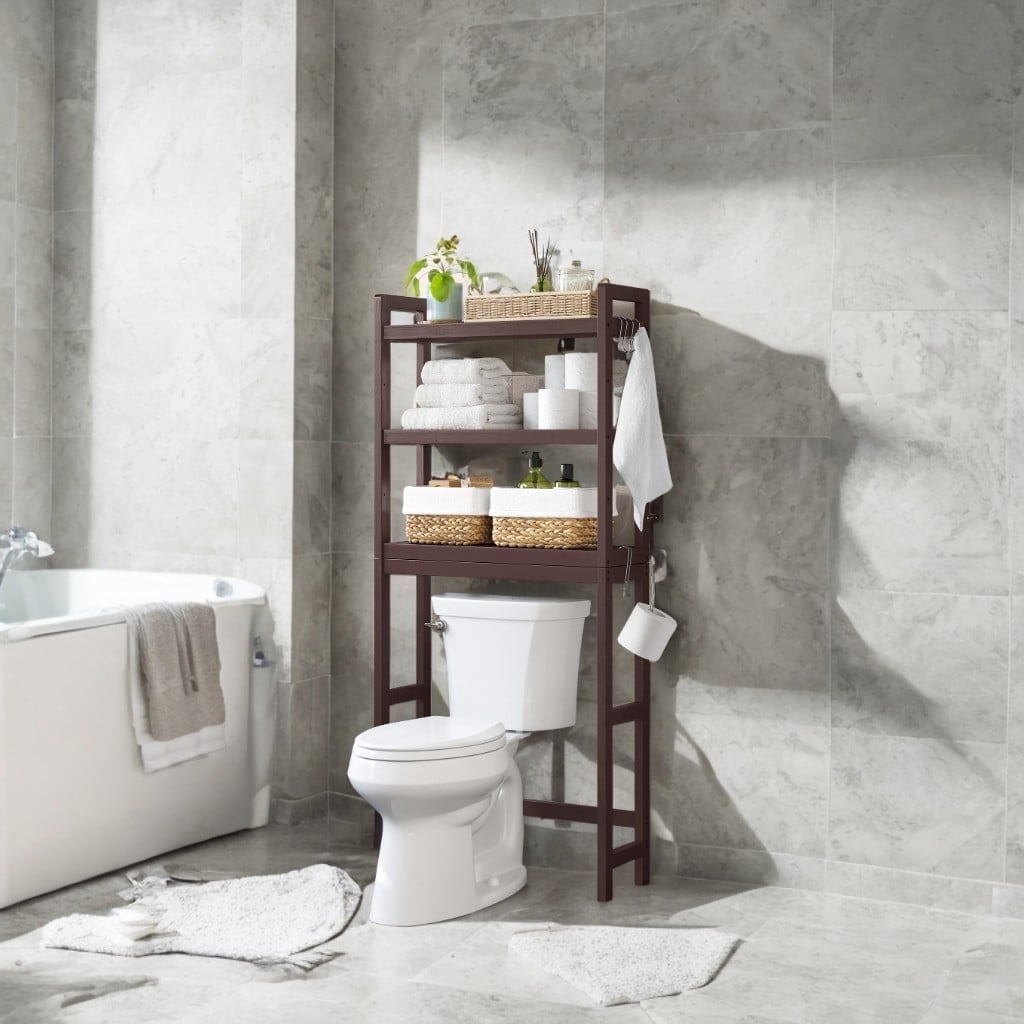 LEDREM Over The Toilet Storage Shelf, 3-Tier Bathroom Organizer Adjustable Saver Space Rack with Toilet Paper Holder,Brown - Walmart.com
