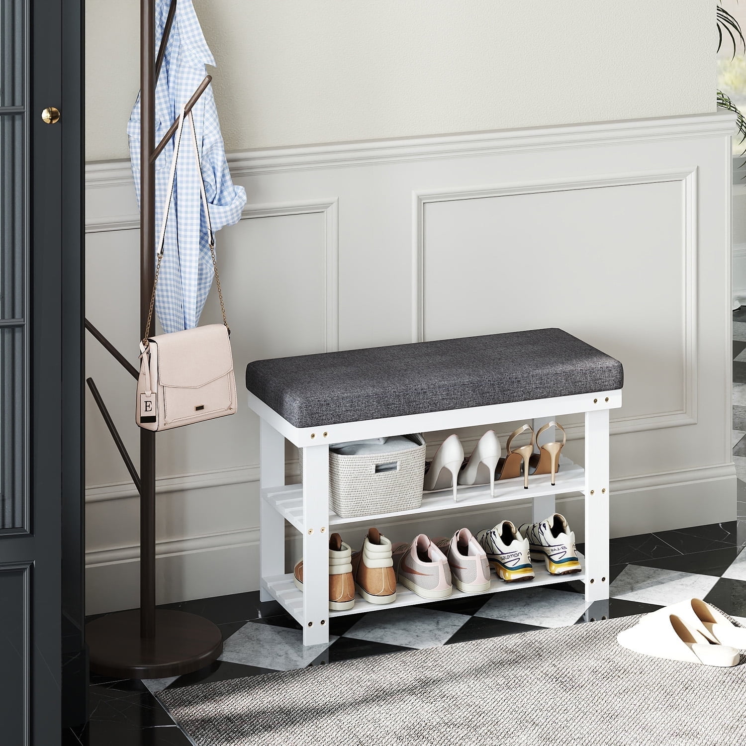 LEDREM Shoe Bench with Cushion, 3-Tier Sturdy Entryway Shoe Rack