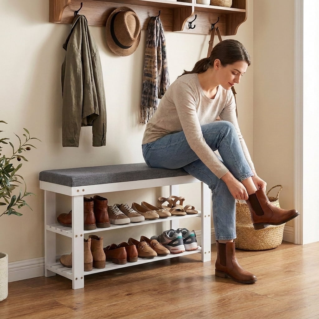 LEDREM Shoe Bench with Cushion, 3-Tier Sturdy Entryway Shoe Rack Organizer, White and Gray