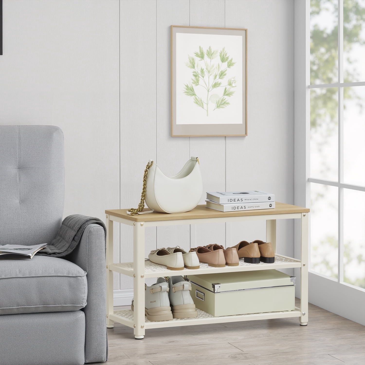 LEDREM 3 Tier Shoe Bench, Independent Shoe Rack Bench Include Metal Frame & Seat, 28.7 Inch
