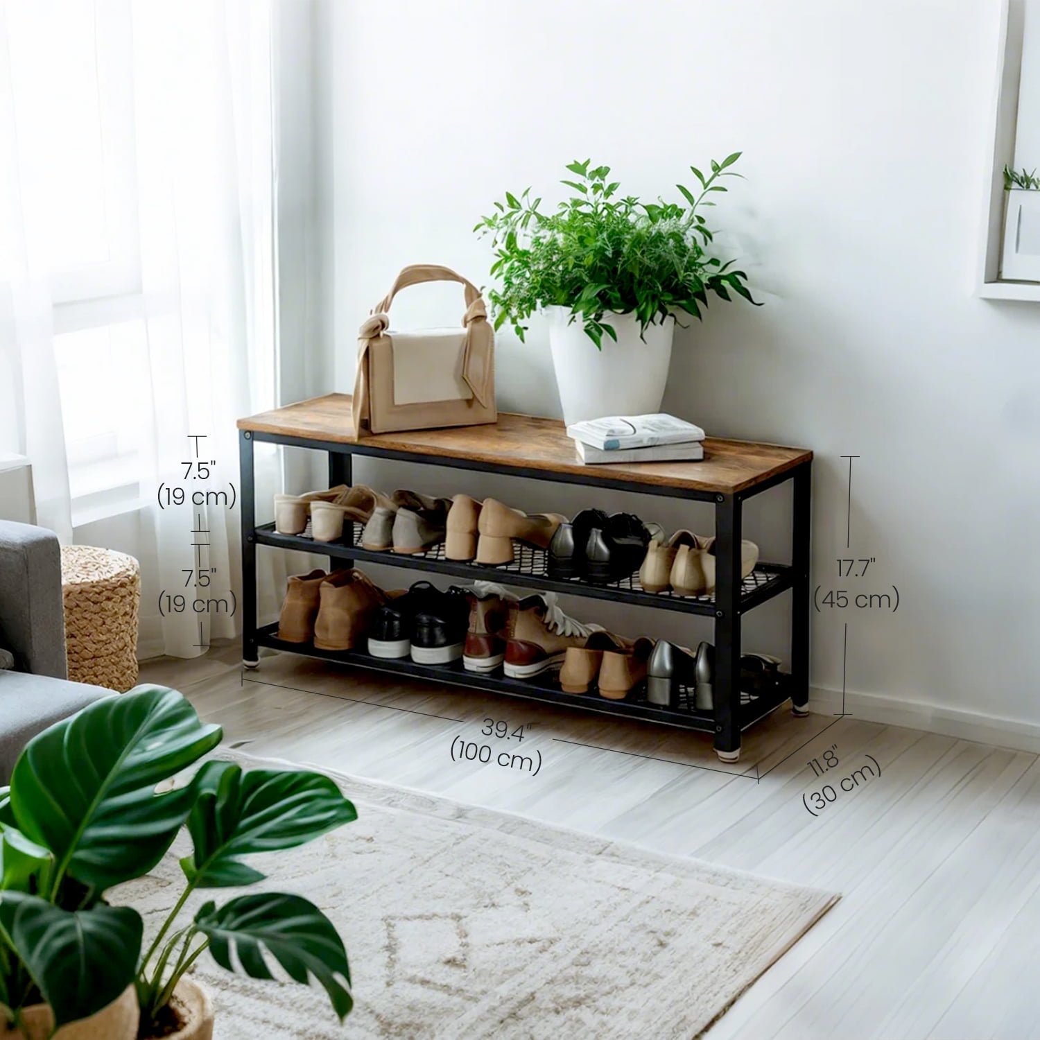 LEDREM 3-Tier Shoe Rack Bench, Free Standing Shoe Organizer with Metal Mesh Shelves & Seat, 39.4 Inch, Rustic Brown & Black
