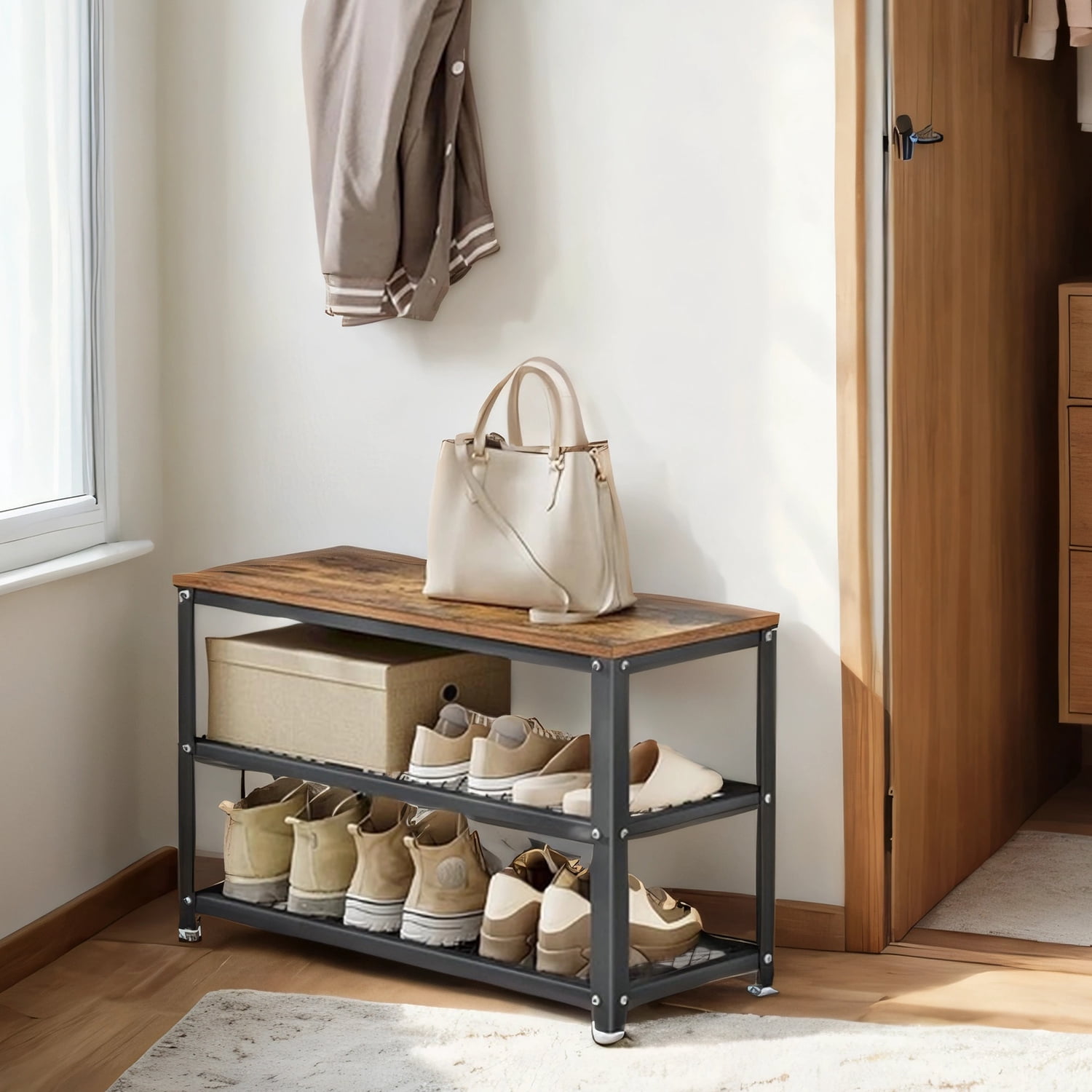LEDREM 3-Tier Shoe Rack Bench with Seat , Free Standing Shoe Organizer with Mesh Shelves for Entryway , Holds 6-8 Pairs , 198lb Capacity ,Rustic Brown and Black