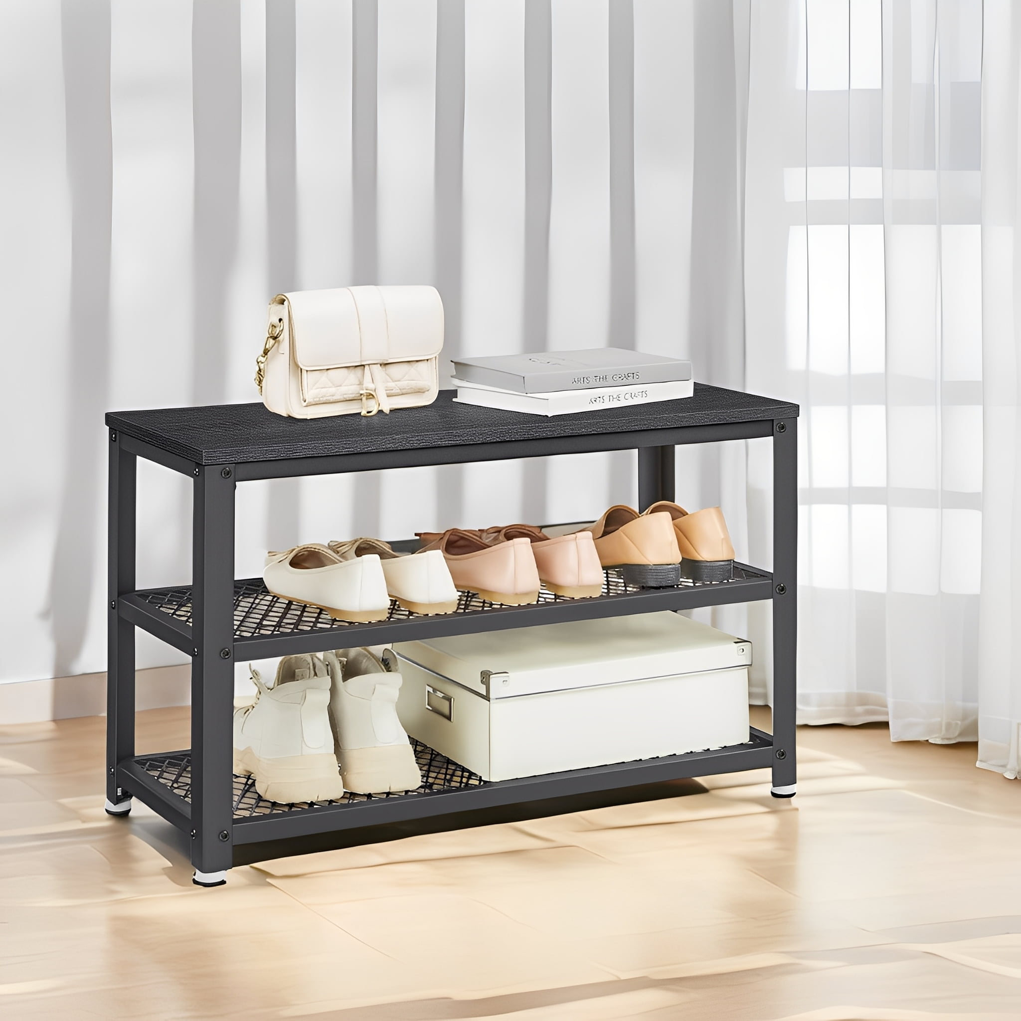 LEDREM 3-Tier Shoe Rack Bench with Seat , Free Standing Shoe Organizer Storage Shelf for Entryway Hallway , Holds 6-8 Pairs , Black