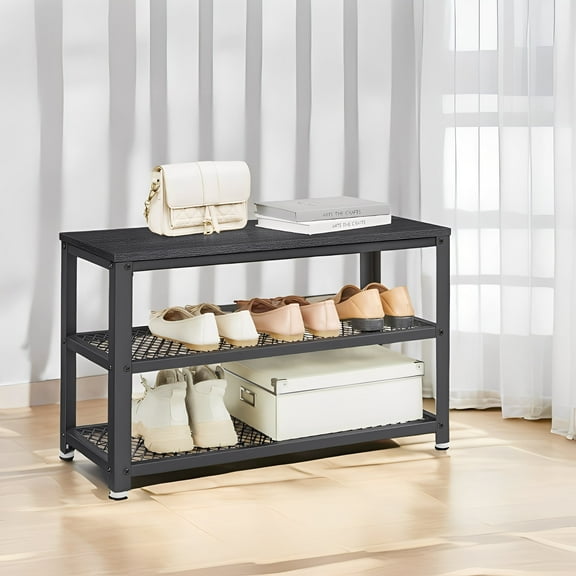 LEDREM 3-Tier Shoe Rack Bench with Seat , Free Standing Shoe Organizer Storage Shelf for Entryway Hallway , Holds 6-8 Pairs , Black