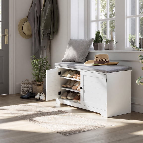 LEDREM 3-Tier Shoe Storage Bench with Cushion, Adjustable Shelves Entryway Bench for Hallway or Bedroom, 39.8-Inch Farmhouse Style, Cloud White and Dove Gray