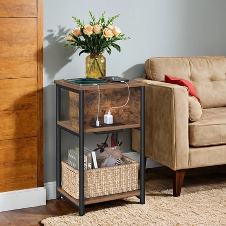 LEDREM Multifunctional 3 Tiers Nightstand, Slim Sofa Side Table with Built-in Power Hub, 6.5ft Extension Cord, Sturdy Metal Frame Compact Storage Furnishing for Small Narrow Space