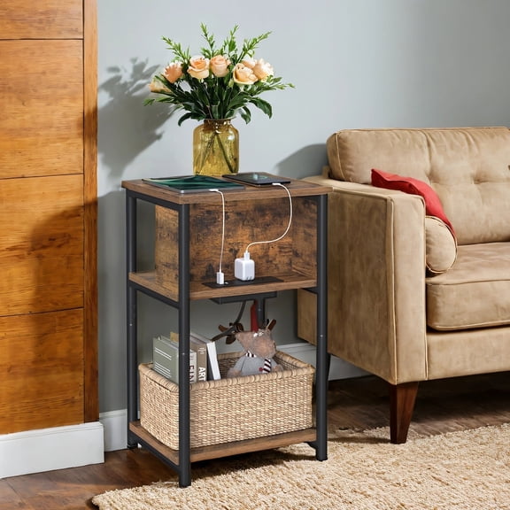 LEDREM Multifunctional 3 Tiers Nightstand, Slim Sofa Side Table with Built-in Power Hub, 6.5ft Extension Cord, Sturdy Metal Frame Compact Storage Furnishing for Small Narrow Space