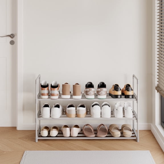 LEDREM 3-Tier Stackable Shoe Rack Organizer,Heavy-Duty Metal Frame,Holds 16-20 Pairs,Space-Saving for Entryway,Closet, Dorm,Gray