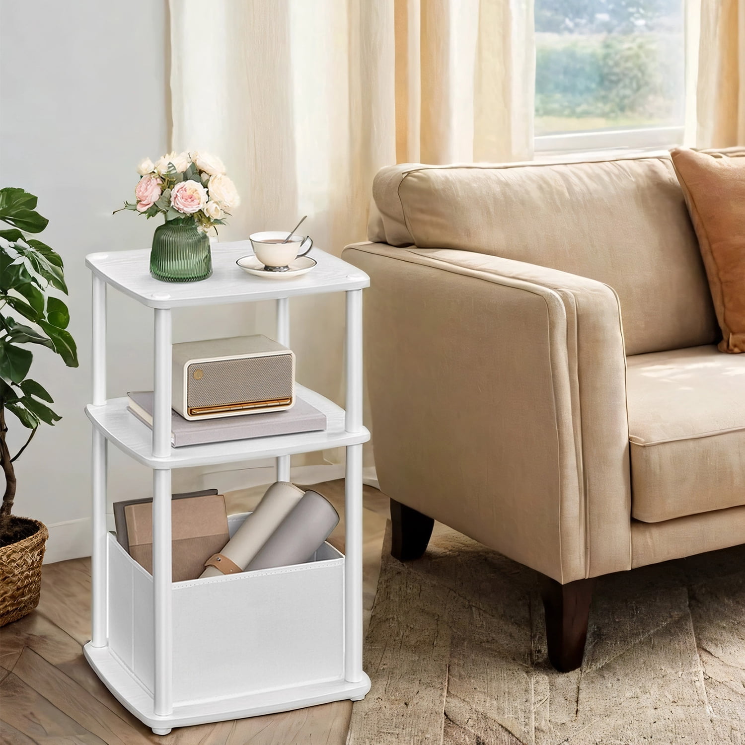 LEDREM 3-Tier End Table with Fabric Basket Storage, Nightstand for Bedroom & Living Room, Space-Saving Tool-Free Assembly , White