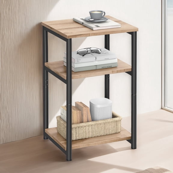 LEDREM 3-Tier Tall End Table, Small Side Table with Open Shelves for Living Room, Bedroom and Office, Camel Brown and Classic Black