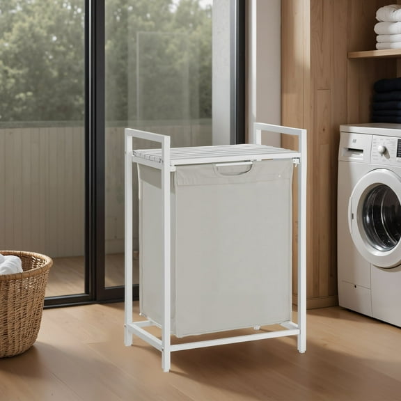 LEDREM 3-in-1 Space Saving Laundry Hamper with Shelf & Removable Bags, 17.2 Gal Capacity, Steel Frame, Ventilated Design, White