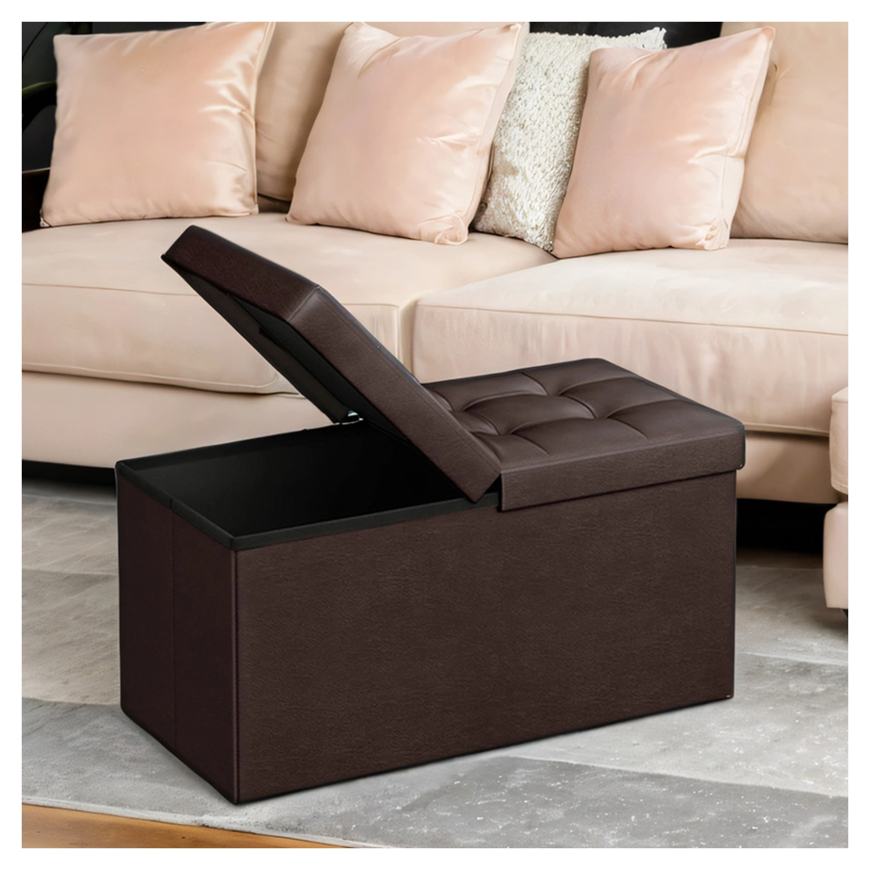 LEDREM 30" Flip-Top Storage Ottoman Bench, 660lb Capacity, Multi-Functional Footrest, Seat, Coffee Table, Easy-Clean Synthetic Leather, Brown