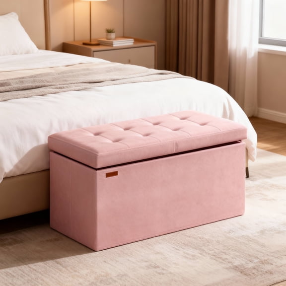 LEDREM 30-Inch Foldable Storage Ottoman Bench with Flipping Lid, Velvet Fabric, 24-Gallon Storage, 660 lb Capacity, Jelly Pink