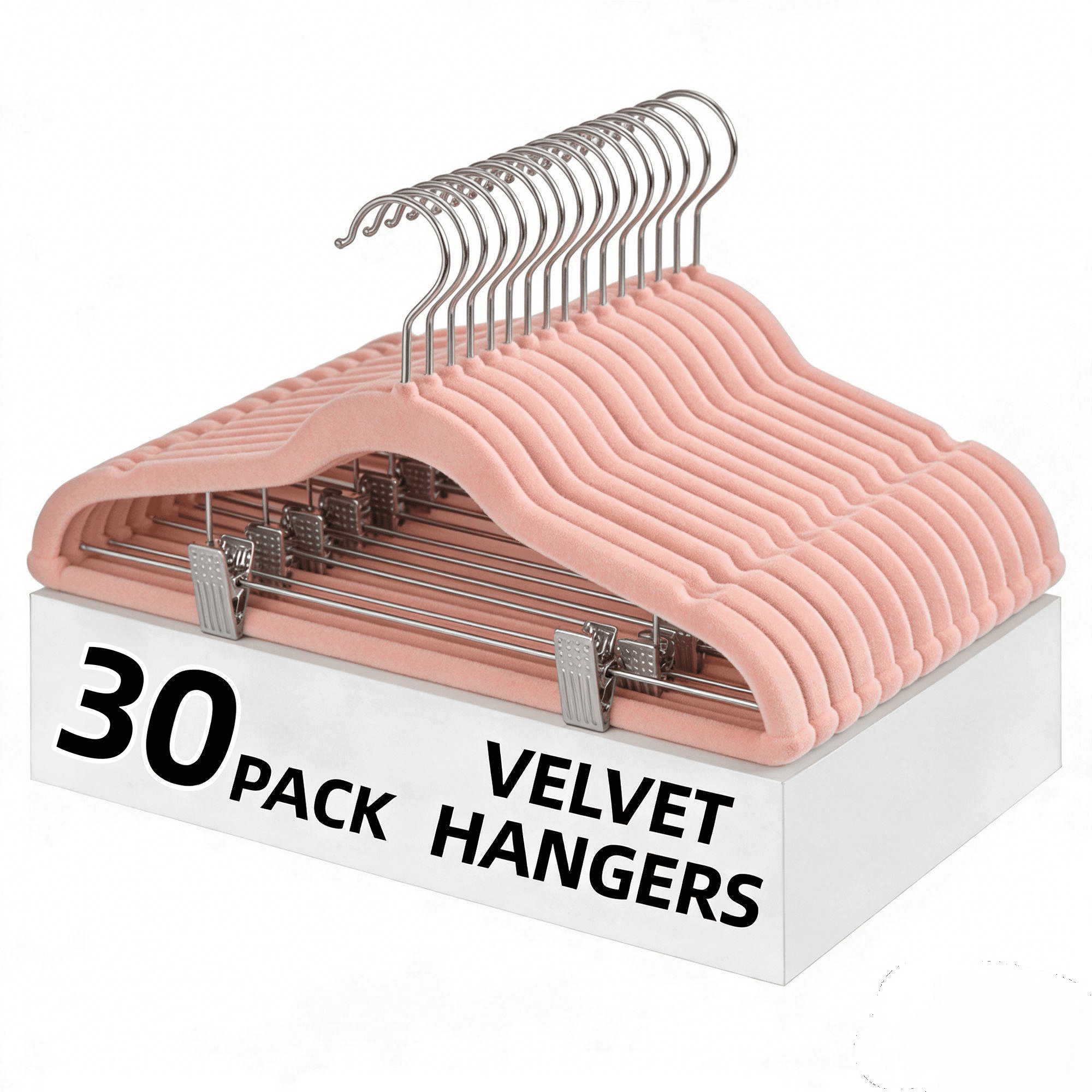 LEDREM 30-Pack Adjustable Velvet Hangers, Heavy-Duty Non-Slip Skirt Hangers, Pants Hangers with Movable Clips, Space-Saving for Dresses & Coats, Light Pink