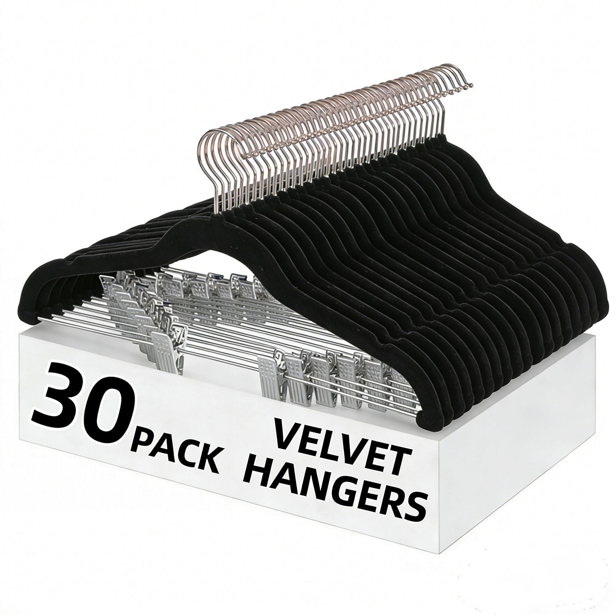 LEDREM 30-Pack Adjustable Velvet Hangers, Heavy-Duty Non-Slip Skirt Hangers, Pants Hangers with Movable Clips, Space-Saving for Dresses & Coats, Black