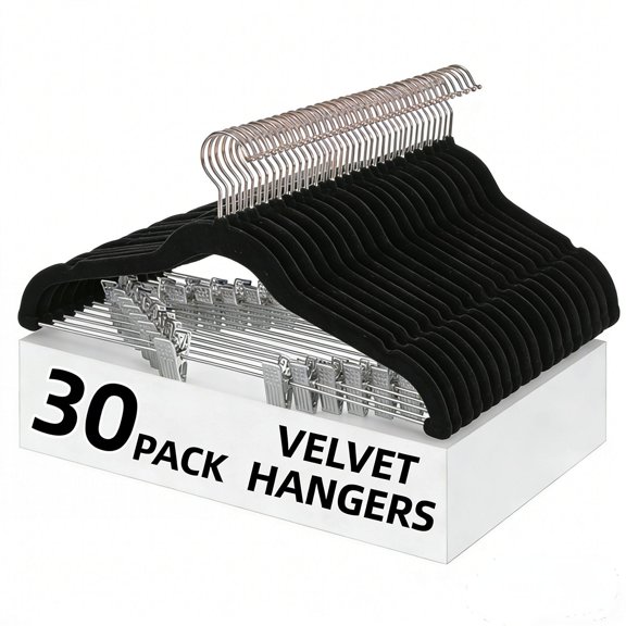 LEDREM 30-Pack Adjustable Velvet Hangers, Heavy-Duty Non-Slip Skirt Hangers, Pants Hangers with Movable Clips, Space-Saving for Dresses & Coats, Black