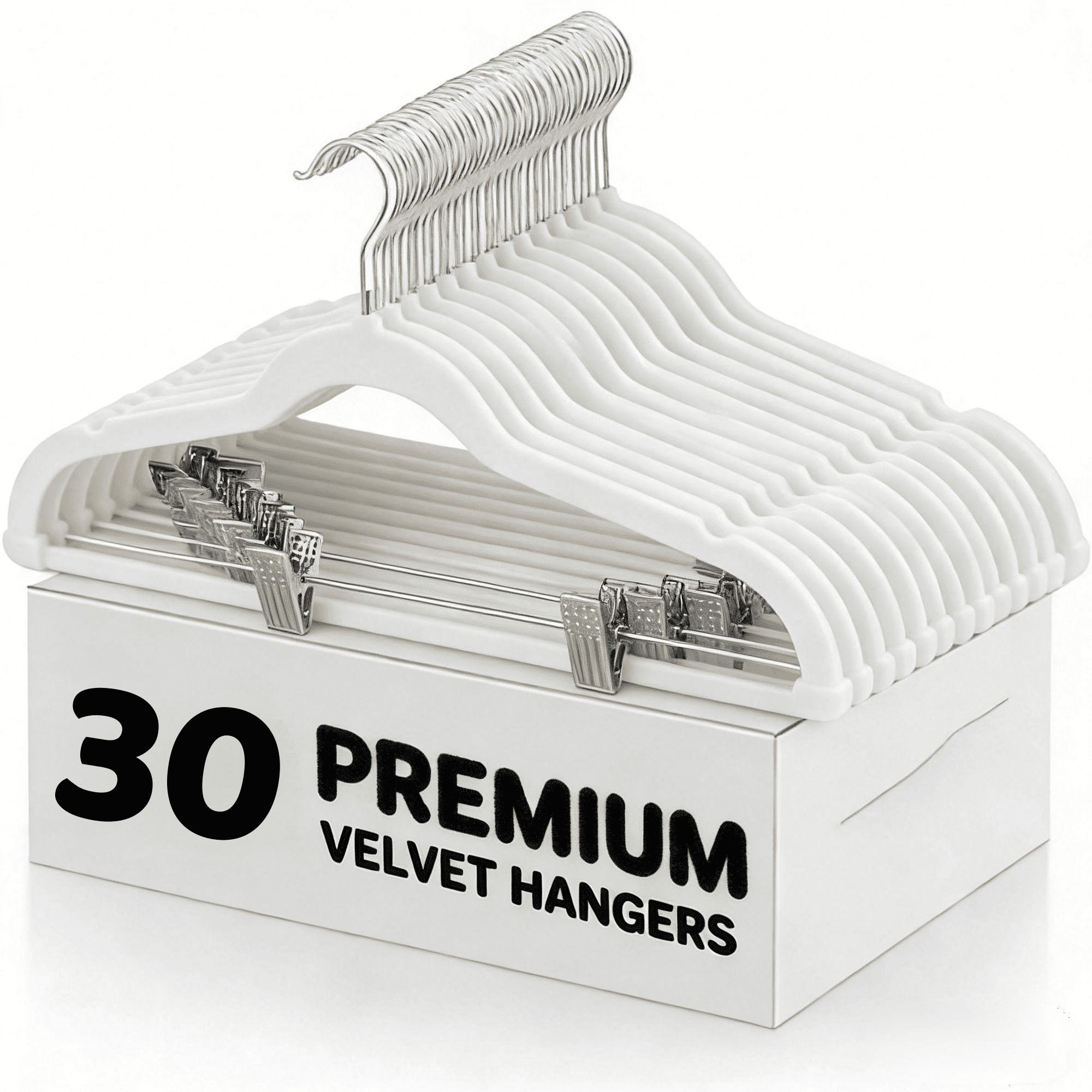 LEDREM 30-Pack Adjustable Velvet Hangers, Heavy-Duty Non-Slip Skirt Hangers, Pants Hangers with Movable Clips, Space-Saving for Dresses & Coats, White