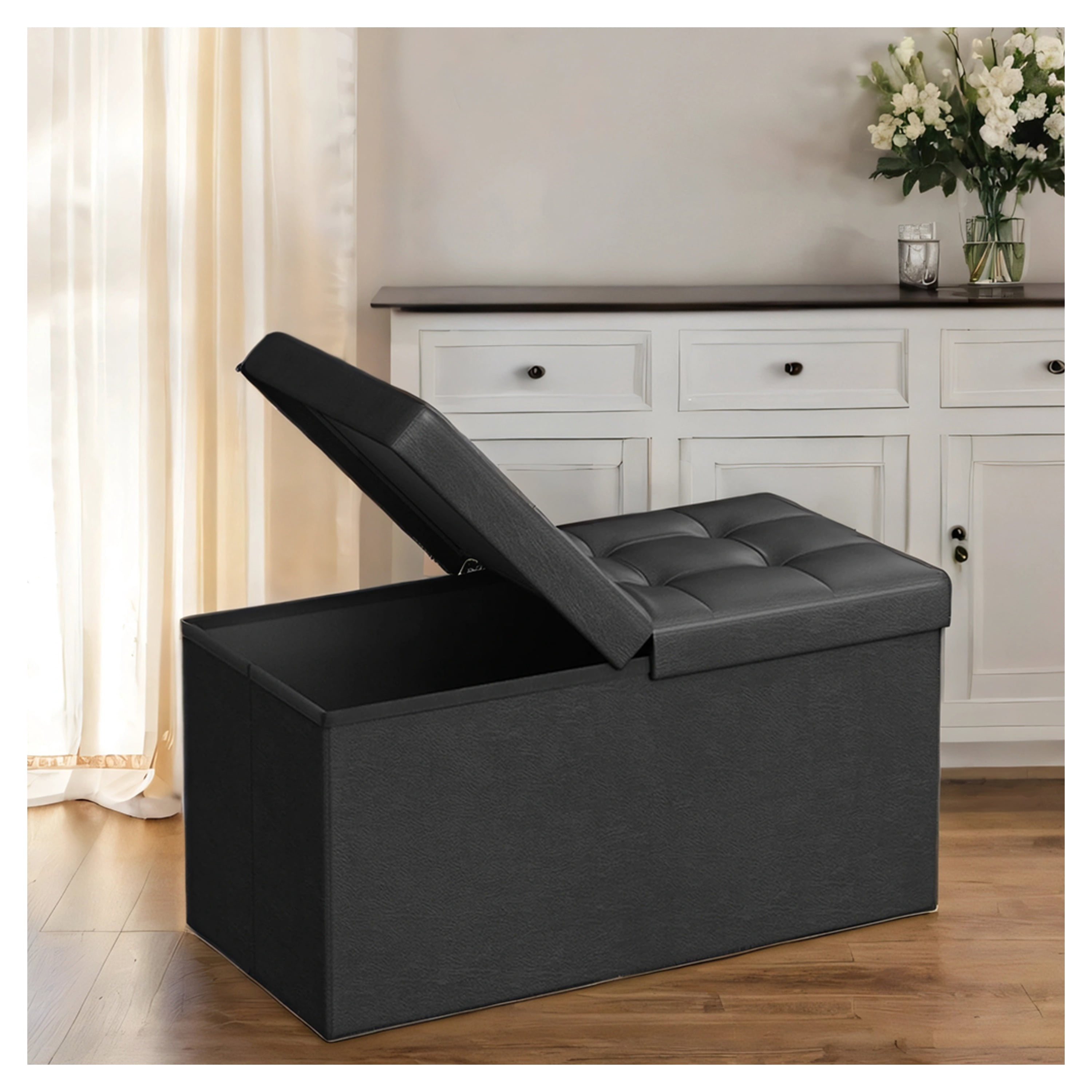 LEDREM 30" Storage Ottoman Bench with Flip-Top Lid, 660lb Capacity, Multi-Functional Footrest, Seat, Easy-Clean Synthetic Leather, Black