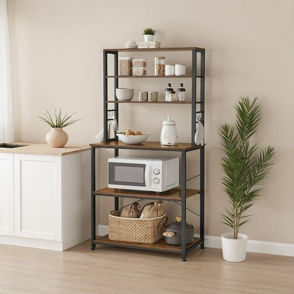 LEDREM 31.5" Coffee Bar & Kitchen Baker's Rack - 6-Tier Storage Shelf with Adjustable Shelf & Hooks, Rustic Brown and Black