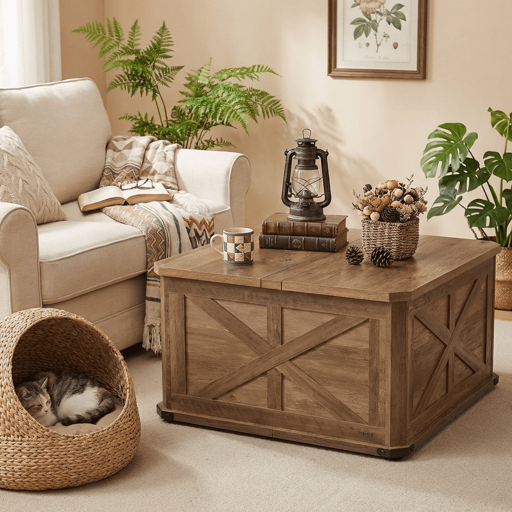 LEDREM 31.5" Farmhouse Coffee Table with Flip-Top Storage, Rustic Square Center Table for Living Room, Honey Brown