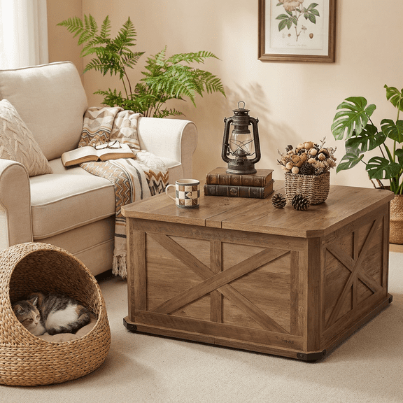 LEDREM 31.5" Farmhouse Coffee Table with Flip-Top Storage, Rustic Square Center Table for Living Room, Honey Brown