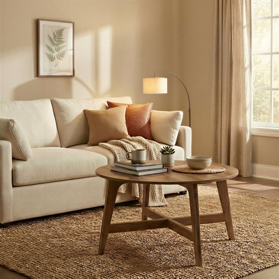 LEDREM 31.5 Inch Round Coffee Table, Mid-Century Modern Center Table with Tapered Legs for Living Room, Honey Brown