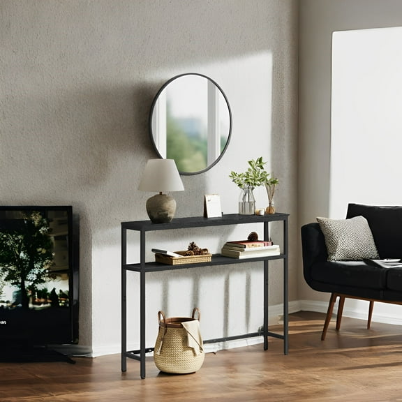 LEDREM 31.5" Modern 2-Tier Console Table, Narrow Sofa Table with Adjustable Feet for Entryway, Living Room, Charcoal Gray and Black