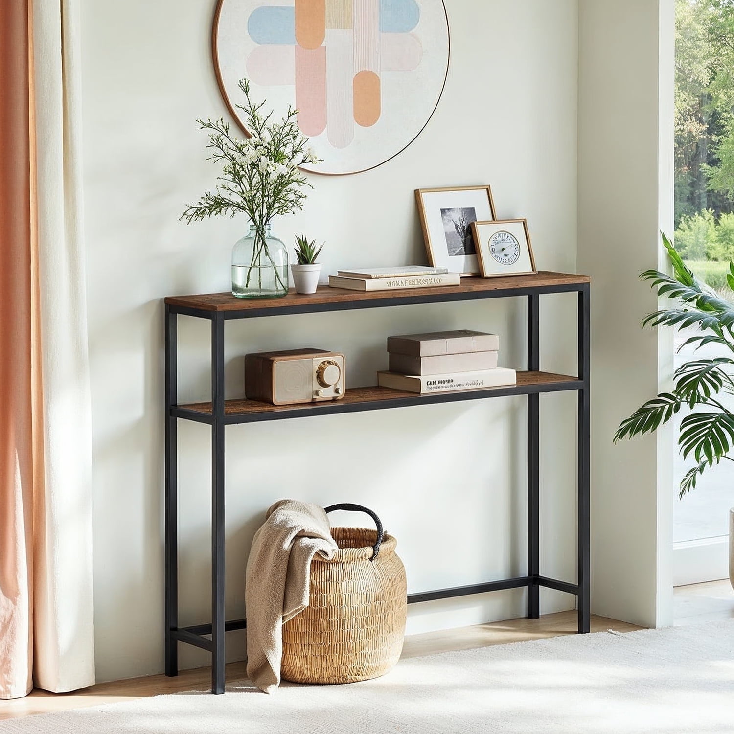 LEDREM 31.5" Modern 2-Tier Console Table, Narrow Sofa Table with Adjustable Feet for Entryway, Living Room, Rustic Brown and Black