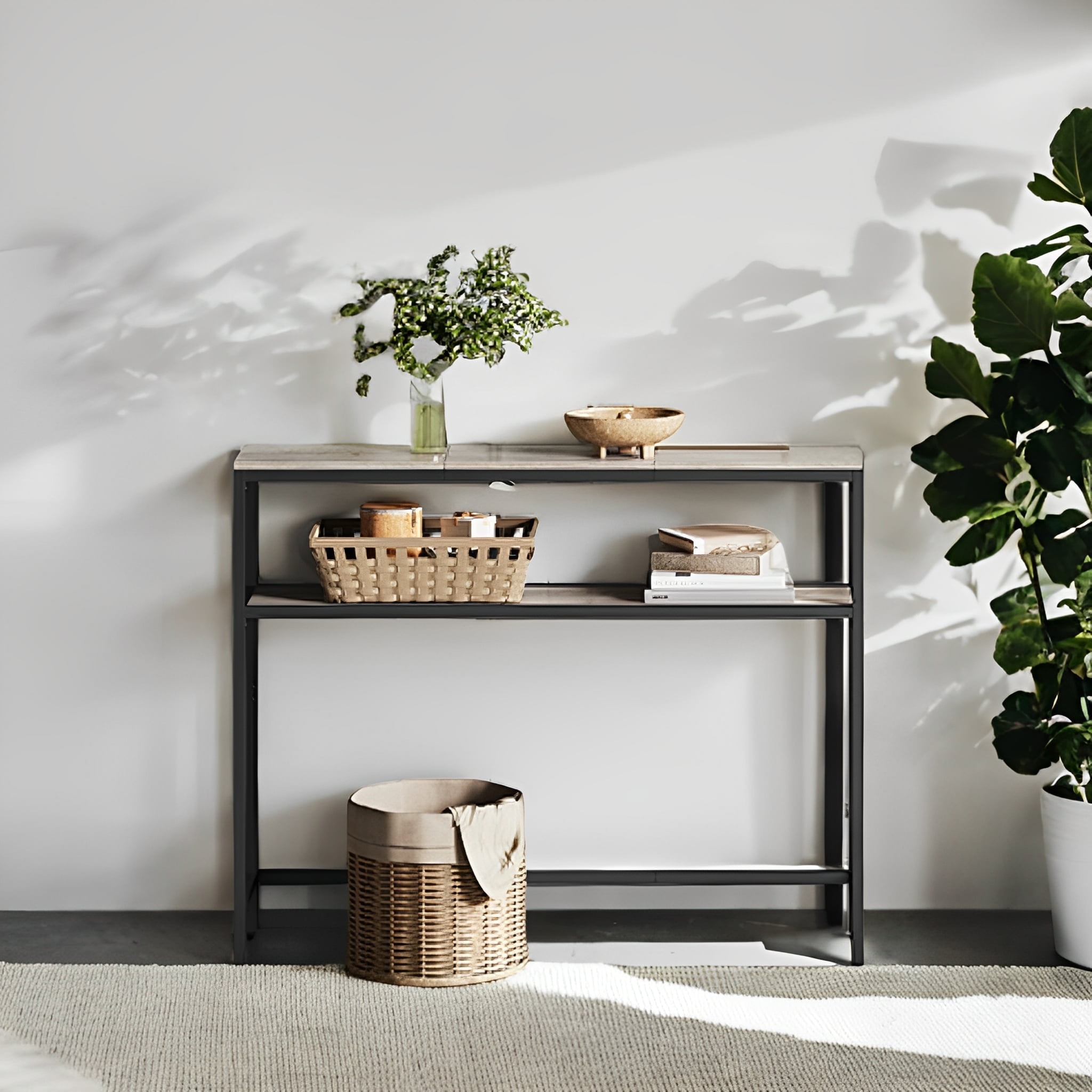 LEDREM 31.5" Modern Console Table, 2-Tier Narrow Sofa Table with Adjustable Feet, Entryway Shelf, Heather Greige and Black