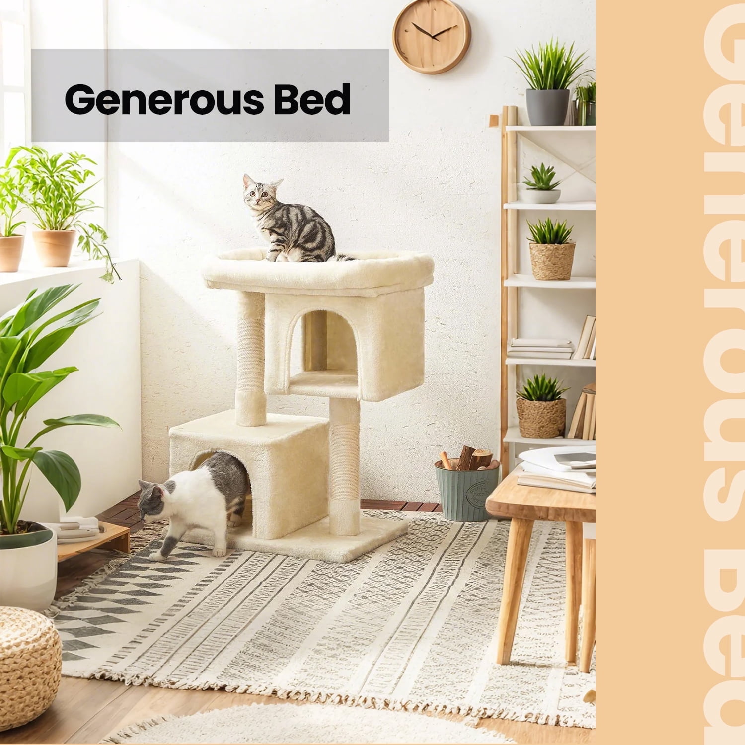 LEDREM 33.1-Inch Cat Tree for Large Cats - XL Perch & 2 Caves with Scratching Posts - Multi-Level Cat Condo with Anti-Tip Kit, Beige