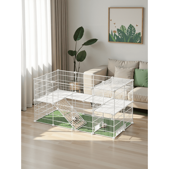LEDREM 36-Panel Two-Story Pet Playpen, Metal Wire Small Animal Cage for Rabbits, Guinea Pigs, Puppies, with Zip Ties & Non-Slip Pads, White