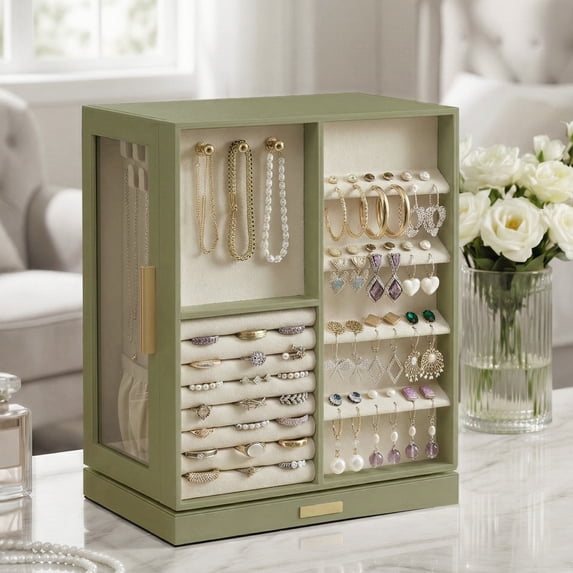 LEDREM 360° Rotating Jewelry Box Organizer with 5 Drawers, Vertical Earring Storage, 8.7 x 6.3 x 11 Inches, Olive Green