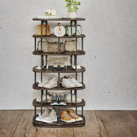 360° Rotating Shoe Rack – 5-Tier Freestanding Storage Organizer for 28+ Pairs, Entryway，Closet, Sturdy Steel & Particleboard, Ash Brown
