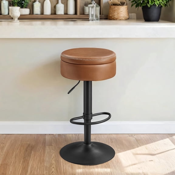 LEDREM 360° Swivel Bar Stool with Hidden Storage & Adjustable Height, Mid-Century Modern Style for Kitchen Island, Easy Assembly, Caramel Brown