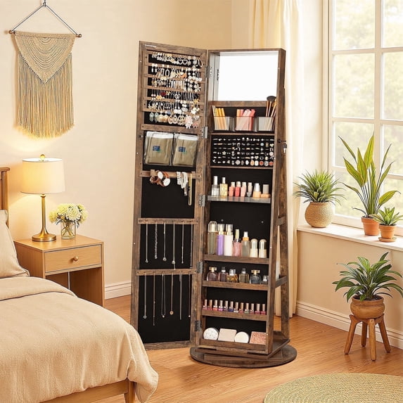 LEDREM 360° Rotable Jewelry Cabinet, Full Length Mirror & Lock, 120 Earring Slots, 12 Necklace Hooks, Storage Shelfs On Back