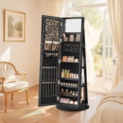 Ledrem 360  Swivel Jewelry Armoire with Lock, Full-Length Mirror & Rear Shelves   120 Earring Slots, 12 Necklace Hooks, 78 Ring Holders, Velvet-Lined, Black